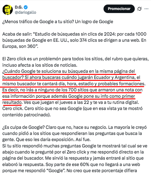 dariogallo's tweet photo. Google no quiso pagar y ahora no sabés a qué hora juega tu equipo

Hace dos años ya habíamos explicado cómo Google le robaba visitas a los sitios al responder una búsqueda de horario de partidos en el primer resultado. Pero desde hace unas semanas, varios usuarios de Argentina vieron que ya no responde con la información de nuestra liga (tampoco se puede seguir el resultado en vivo). Solo aparecen los partidos de la Copa Argentina, pero no los del torneo en juego. Independiente juega hoy, pero Google me lo oculta. En otros países funciona normal, ver el ejemplo de Colo Colo.

¿Qué pasó? Ayer un tiktokero tiró la versión alocada que Chiqui Tapia le había querido cobrar a Google y por eso no estaban apareciendo -como si no tuviera quilombos Chiqui para meterse en otro más-. No es así, pero es una cuestión de dinero.

Las estadísticas -tanto del fixture como los resultados en vivo- son provistos por OPTA, una de las empresas más fuertes en estos servicios. Al parecer, a fin de año se terminó el contrato que Google había suscripto para quedarse con todos los usuarios que entran a ver cómo va el partido o contra quién juega su equipo. Y no hubo renovación. Dicen que Google creía que podría solucionarlo sin tener que pagar los servicios de OPTA. Se ve que no fue así y pese a la Inteligencia Artificial, los robots programadores y otros adelantos, Google no pudo suplantar el servicio de fútbol en vivo. Parece que tendrán que volver a OPTA largando más dólares que antes. Está mal, pero no tal mal. Google le sacó a los medios el negocio de informar sobre los partidos, pero tendrá que pagar el servicio si no quiere resignar esas visitas.