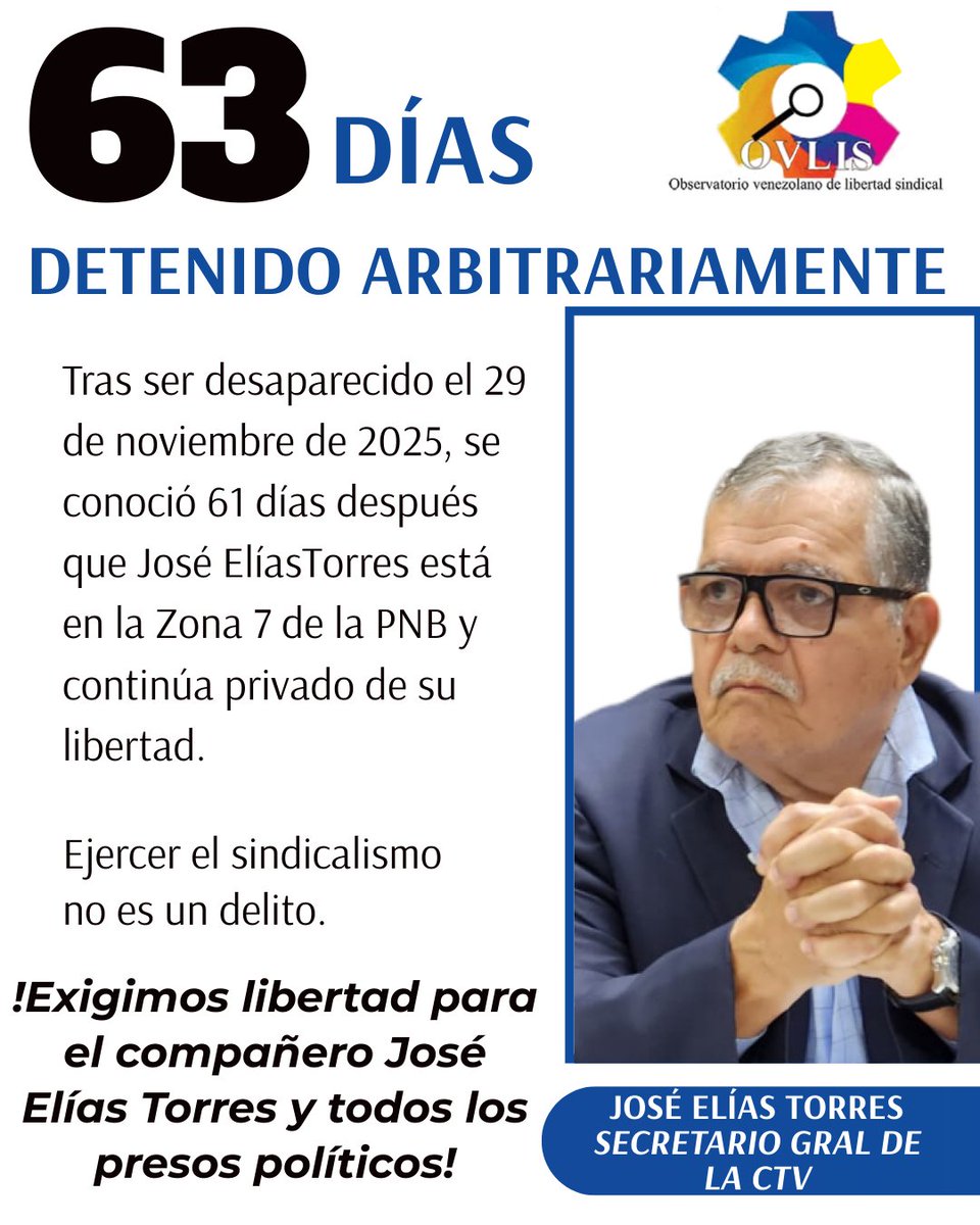 Desde el 29 de noviembre de 2025, la voz de José Elías Torres fue silenciada. Su familia y los trabajadores de Venezuela exigen respuestas.

¡Libertad para el compañero José Elías Torres y Amnistía general para todos los presos políticos!

#Venezuela #PresosPoliticos
#Libertad