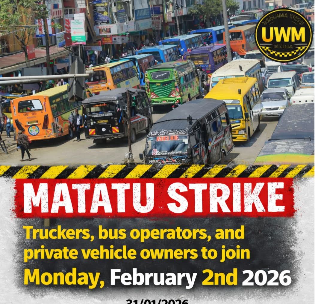 Augusti26354979's tweet photo. On Monday 2nd Feb, prepare for a mother of all strikes
Motorists Association of Kenya says truckers, bus operators, and private vehicle owners to join matatu strike on Monday.
#kingschoicerealtors #followmypage https://t.co/GrlN6QA7QB