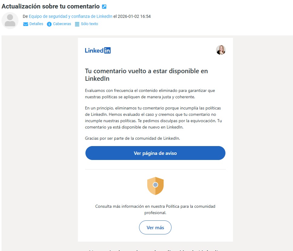 laser_video's tweet photo. @LinkedInHelp Cuenta bloqueada desde hace 1 mes por comentario q decís q "NO incumple con nuestras políticas". No puedo entrar por lo q no puedo ver ni comentario, ni caso.
He verificado mi ID 2 veces. Decís q apele. ¿Cómo apelo algo q desconozco y no incumple? Desesperante. https://t.co/kFBAfwFSNR