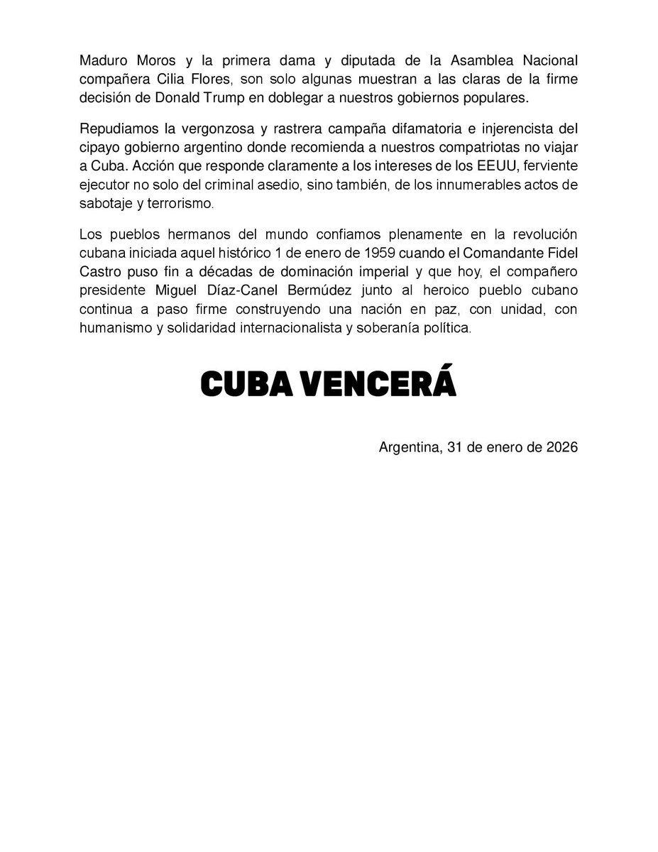 Desde Argentina expresamos nuestro más enérgico repudio a las nuevas agresiones injerencistas de los EEUU contra el pueblo y el gobierno de la República de Cuba.

#CubaNoEstáSola
#AbajoElBloqueo 
#CubaVencerá