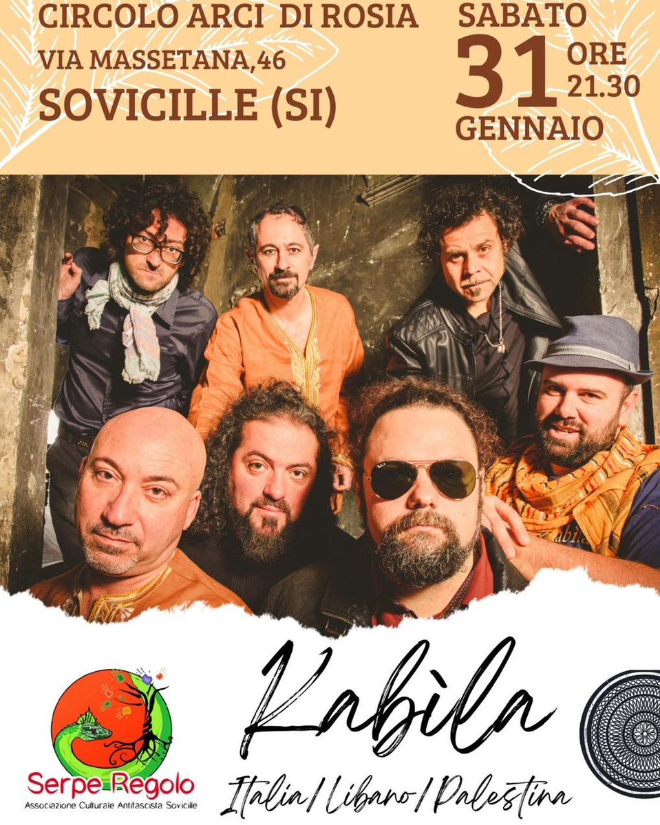 KABILA live!
sabato31 gennaio. SOVICILLE (SI).
Circolo Arci di Rosia – ore 21.30