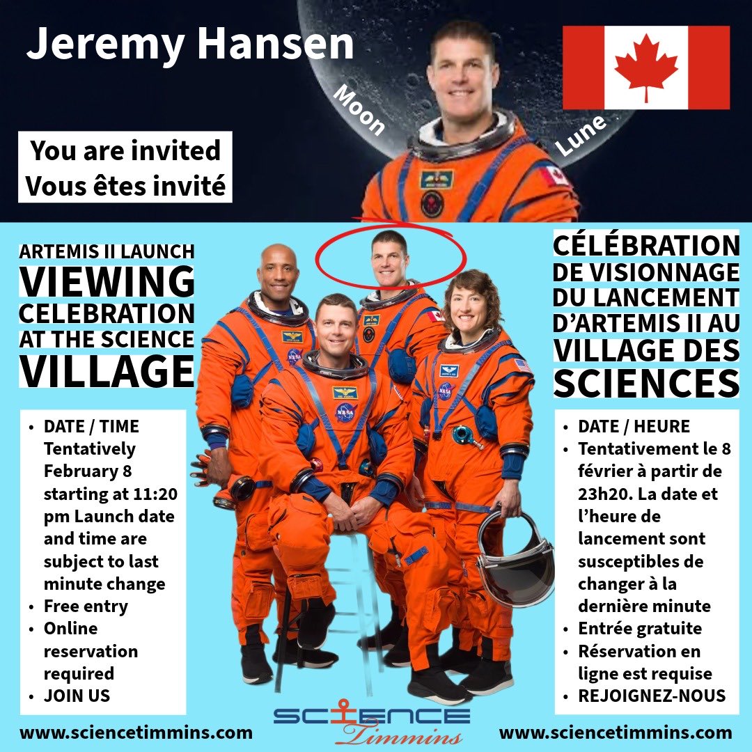 The launch of Artemis II, originally scheduled for February 6, has been postponed to February 8 due to the latest weather updates from NASA. Please refer to the attached post for details regarding the celebration of the launch. 

Le lancement d'Artemis II, initialement prévu pour