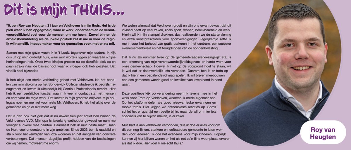 IN DE SCHIJNWERPERS…

Deze editie staat <a href="/RoyvHeugten/">Roy van Heugten</a> in de editie van Thuis in Veldhoven. Roy is mede-oprichter van Trots op Veldhoven maar ook raadslid bij <a href="/VeldhovenseVVD/">Veldhovense VVD</a>