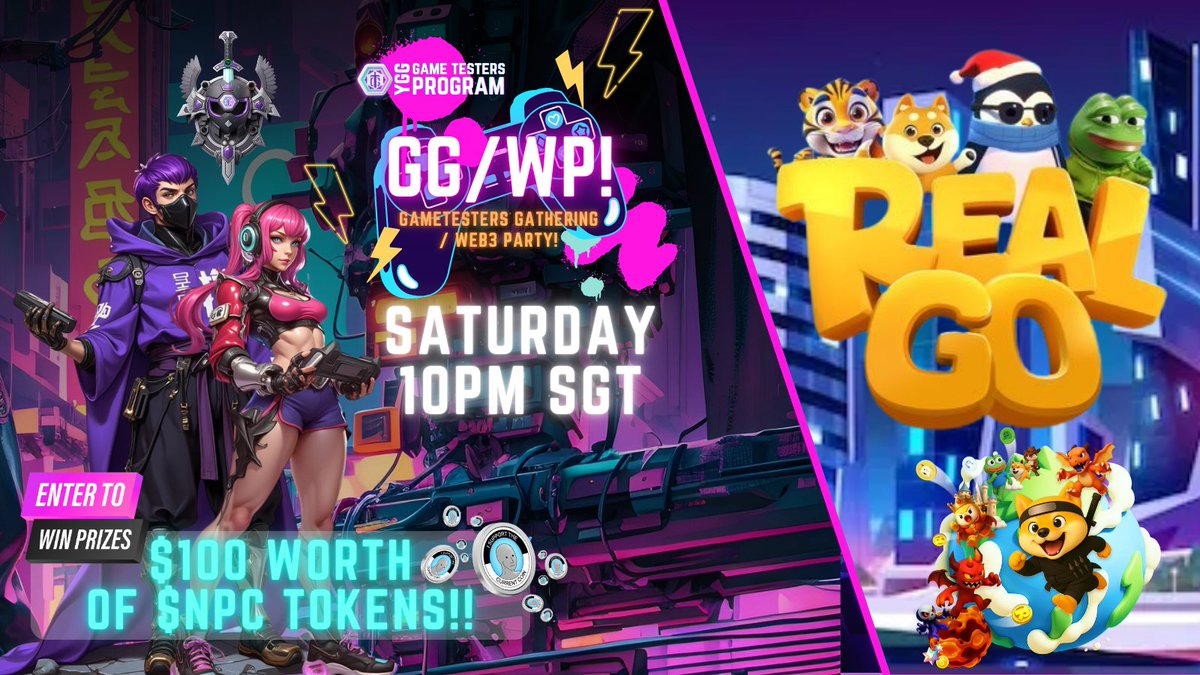 It's GG/WP! Game Night once again Game Testers!
Join us as we play <a href="/RealGoOfficial/">RealGo</a>🔥

Watch out for GIVEAWAYS of $100 worth of $NPC!

🗓️Jan 31 • Saturday • 10pm SGT
📺Live here on Twitter
⏯️Simulcast: youtube.com/@GAMEHUNTERS_O…

#YGGGTProgram #YGGxRealGo