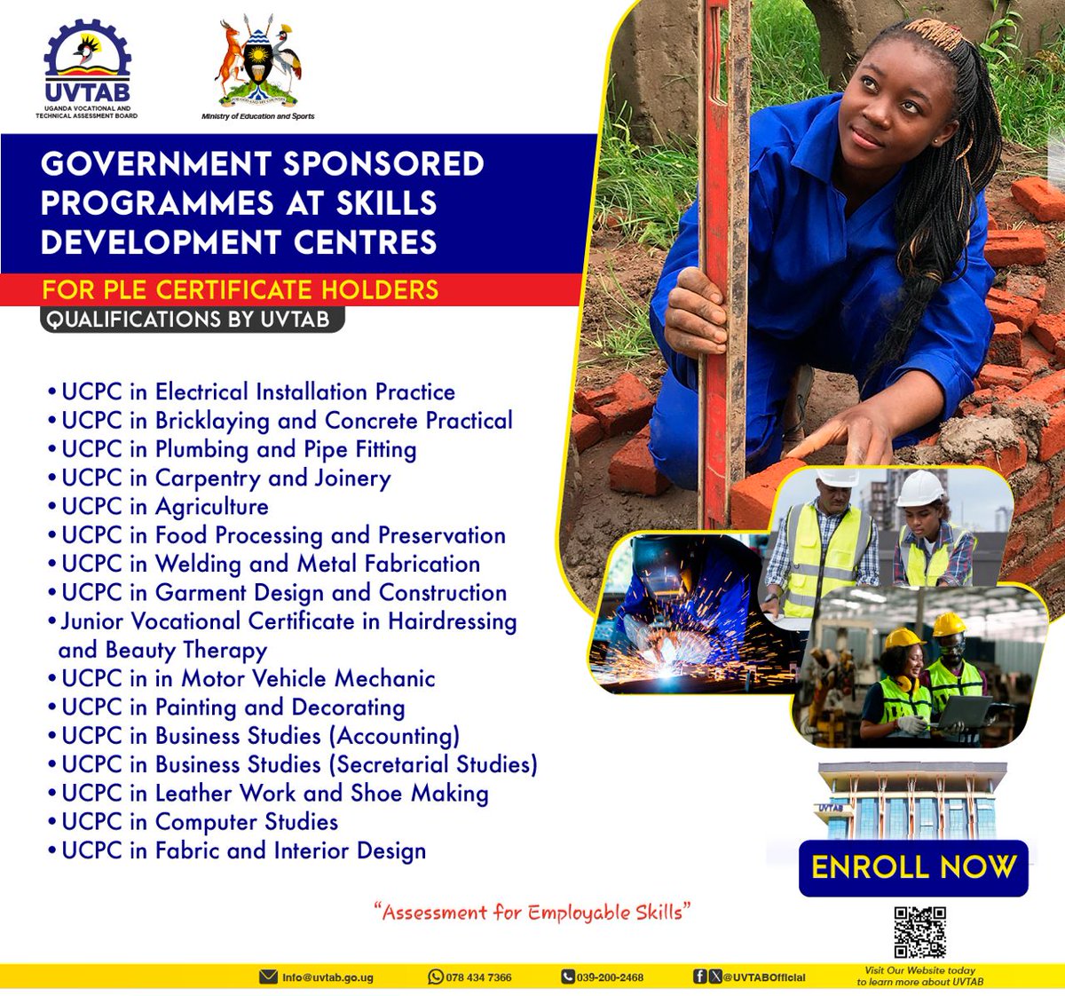 UVTABOfficial's tweet photo. Government Sponsored Programmes at Skills Development Centres, Below are courses offered after Primary Leaving Examinations.
@Educ_SportsUg @UNEB_UG @TVETuganda https://t.co/6VxfnffwnC