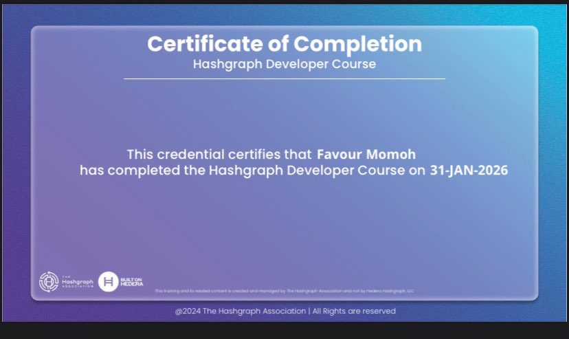 pelumii_22's tweet photo. This my certificate from the Hashgraph Developer Course
Thank you #darblockchain #jtconnect
@hedera https://t.co/HqW0nr0wJ1
