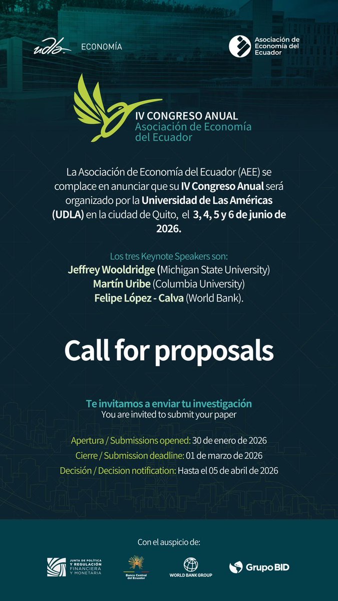 aso_econ_ec1's tweet image. El 4to Encuentro Anual de la AEE está en marcha. @UDLAEcuador  nos espera con un gran evento. Nos vemos del 3 al 6 de junio!!!
