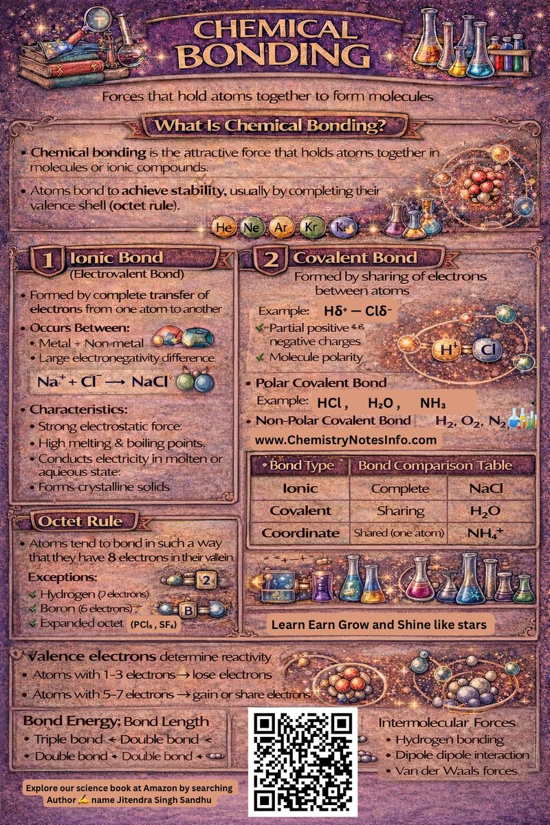 ChemNotesInfo's tweet image. 🧪 Chemical Bonding Made Easy!
Ever wondered how atoms stick together to form molecules?
This infographic explains ionic, covalent, and coordinate bonds
chemistrynotesinfo.com/2015/05/chemic…
#ChemicalBonding
#ChemistryStudents
#LearnChemistry
#ScienceInfographic
#ChemistryEducation