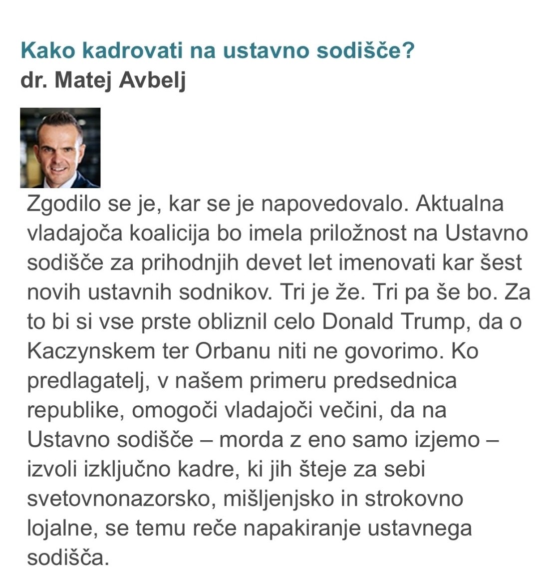 Za nas daleč bolj pomembna tema kot Trump in Venezuela. Gre za mehanizem, s katerim avtokrati praviloma ugrabljajo demokratične države. Po šolsko iz knjige "How democracies die".

Dr. Matej Avbelj (na LinkedIn): "Zadnja sestava Ustavnega sodisca v sodelovanju z aktualno oblastjo