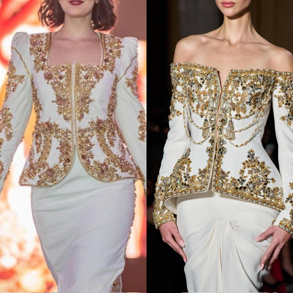 Lunalali7's tweet image. This design is stolen from an Algerian designer and it’s not just stealing someone’s work,it’s cultural appropriation of traditional Algerian dress "the Karakou"especially since he didn’t credit the source of his inspiration
Literally a copy paste no shame at all