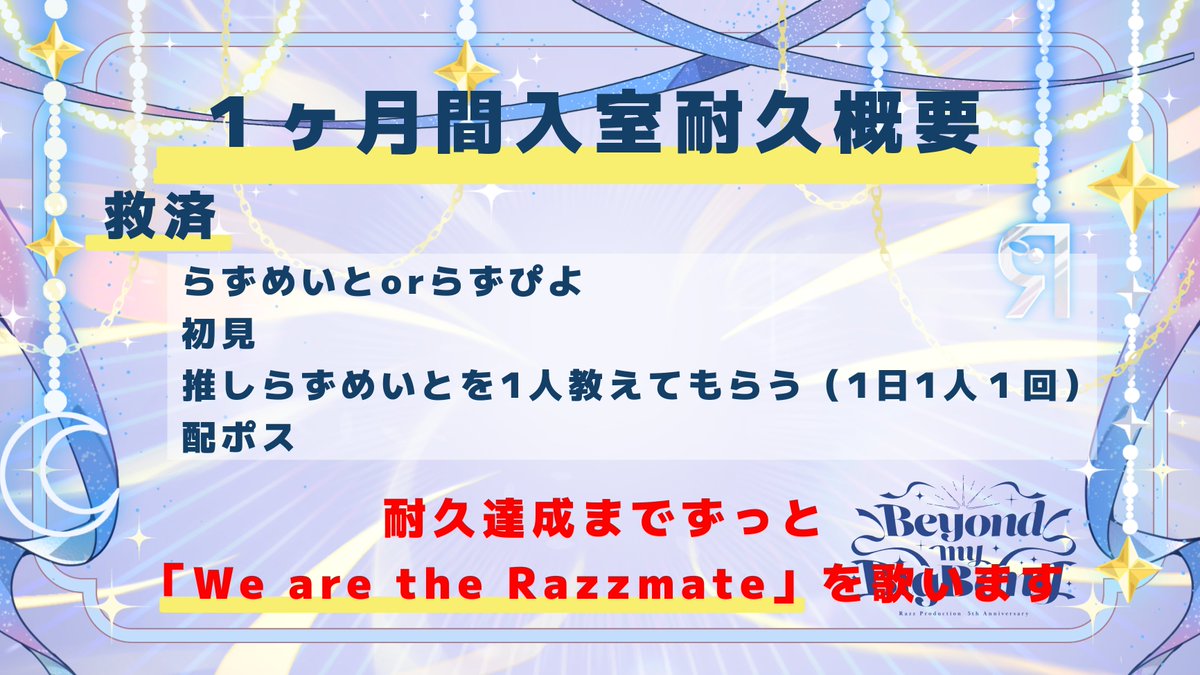 #配信告知
ど　う　し　て　こ　う　な　っ　た

明日から事務所イベですね
はには特段イベントを頑張るということはありませんが…

ラズイベの宣伝カーになろうと思います。

１か月間かけて62510（らずめいと）人耐久です！
We are the Razzmateを歌い続けます！

明日お昼から出走！🔥