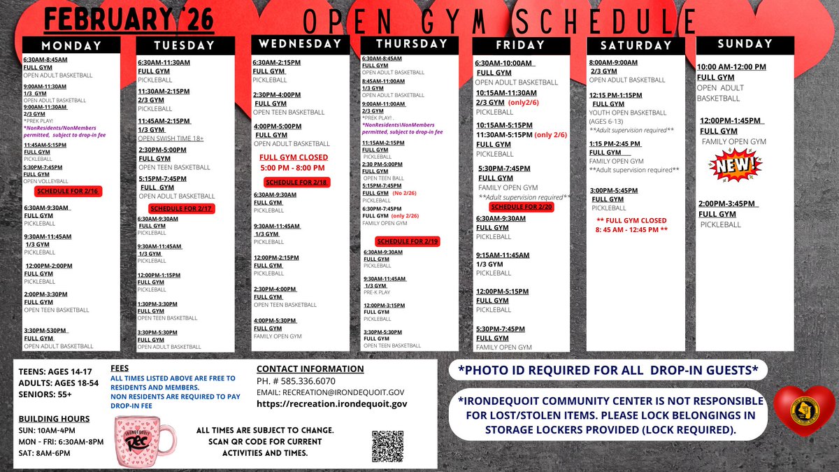 IrondequoitRec's tweet photo. February is action-packed at the Community Center... check out what's in store for open gym and turf play! 🤩
*please note adjusted schedule for Break Week (2/16-2/20) https://t.co/UgK209HTB0