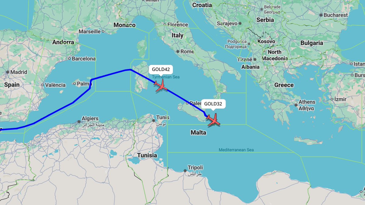 EISNspotter's tweet photo. KC-46A #GOLD31-32 &amp; #GOLD42 are now continuing eastbound with EA-18Gs #TABOR51 (x3) and #TABOR61 (x1).

Two Growlers remain on the deck at Moron AB, possibly due to the fact that KC-46A #GOLD41 didn't get airborne. https://t.co/ziBiRYXj29