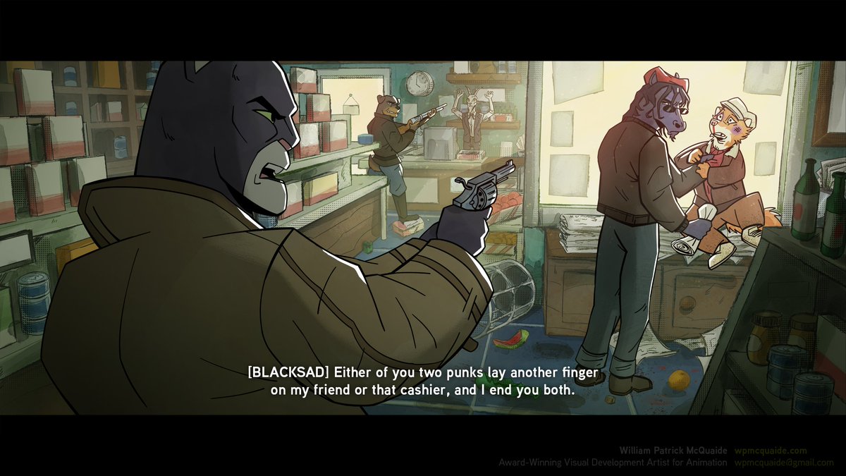 wpmcquaide's tweet image. 'BLACKSAD': ANIMATED ADAPTATION FAN PROJECT

Unofficial fan project based on 'BLACKSAD' (Dark Horse Comics, Juan Díaz Canales, Juanjo Guarnido).

Designed &amp;amp; art directed by William Patrick McQuaide for visual development portfolio.

#visdev #animation #visualdevelopment #blacksad