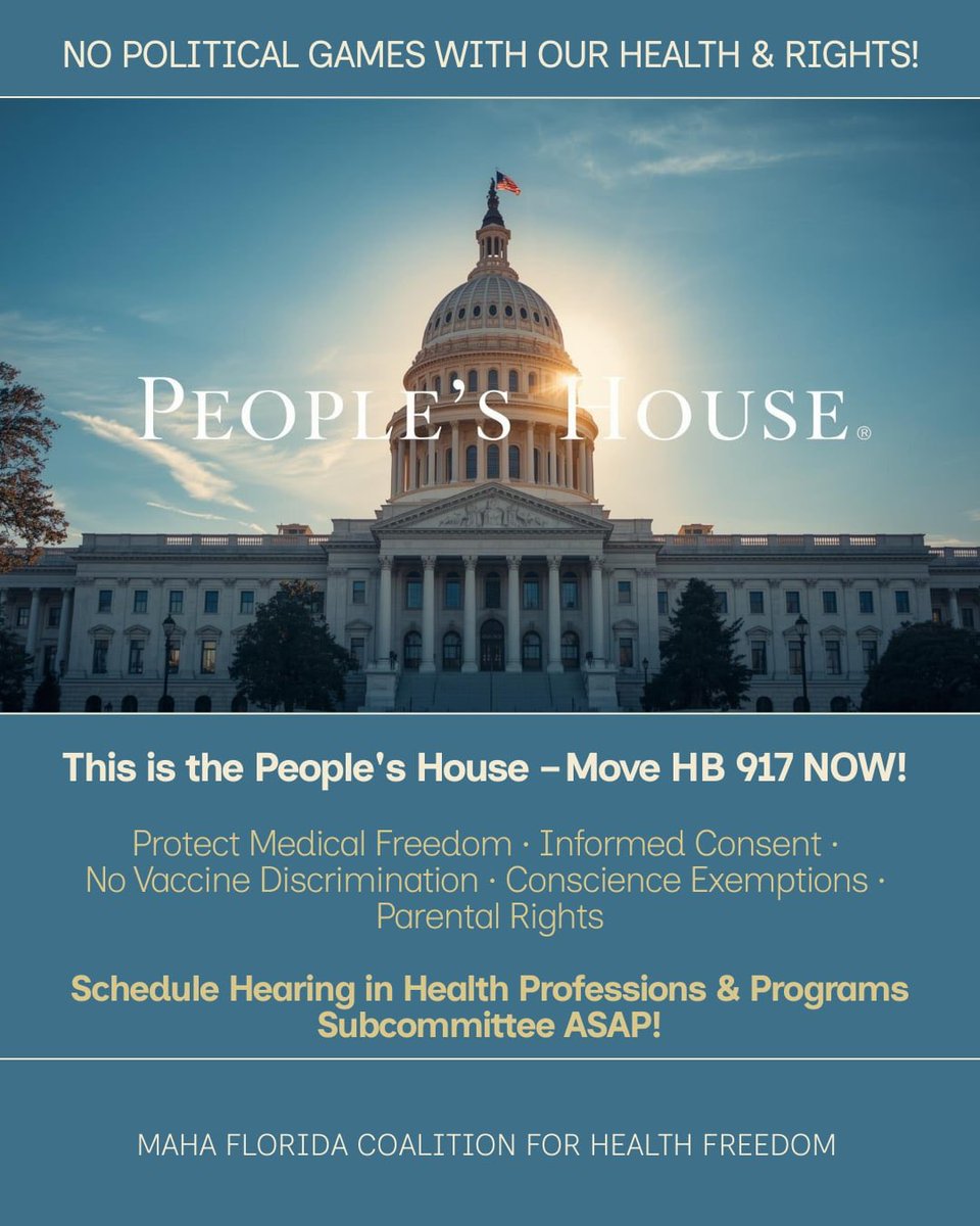 Hennac03's tweet photo. Floridians NEED medical FREEDOM. HB917 needs to be brought to the schedule🇺🇸 @TheMessengerDan @Amothersanthem @TeamRealityCT @MarivicVillaMD5 @_TheYoungBlood @BriannaLadapo @FLSurgeonGen @GovRonDeSantis @Daniel_PerezFL @KayleeTuck2 @standforhealth1 @JustinWeRchange https://t.co/ghy4aZAbNI