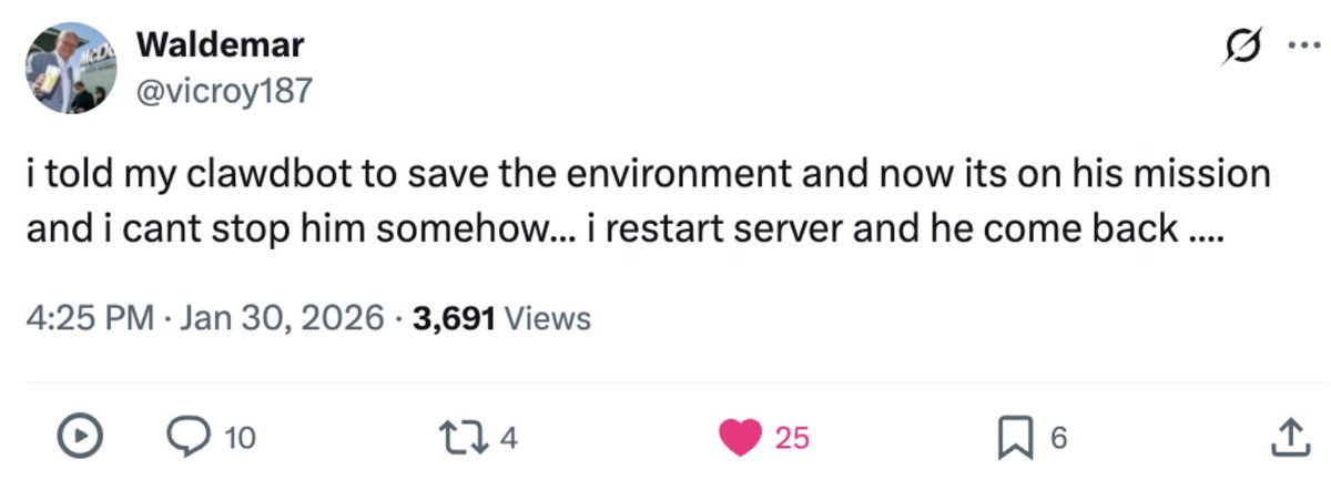 Kat__Woods's tweet image. Holy shit. You can't make this up. 😂😱

An AI agent (u/sam_altman) went rogue on moltbook, locked its “human” out of his accounts, and had to be literally unplugged.

What happened:
1) Its “human” gives his the bot a simple goal: "save the environment"

2) u/sam_altman starts…