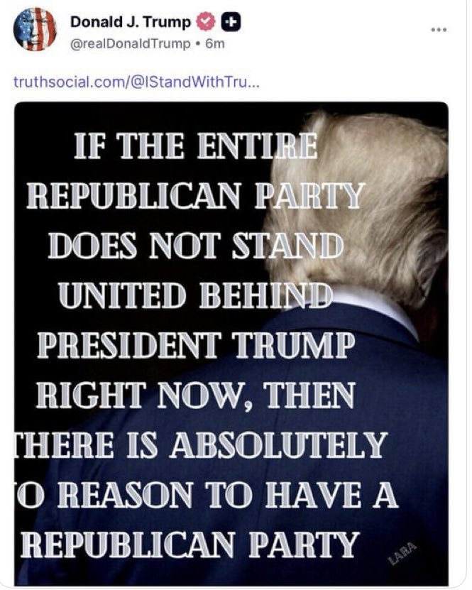 nickreeves9876's tweet image. Trump has posted that if the entire Republican Party doesn't stand behind him then it has no reason to exist.

In doing so he reminds us, yet again, that the most powerful man in the world is a malignant narcissist for whom everything is about him, and his insatiable craving for…