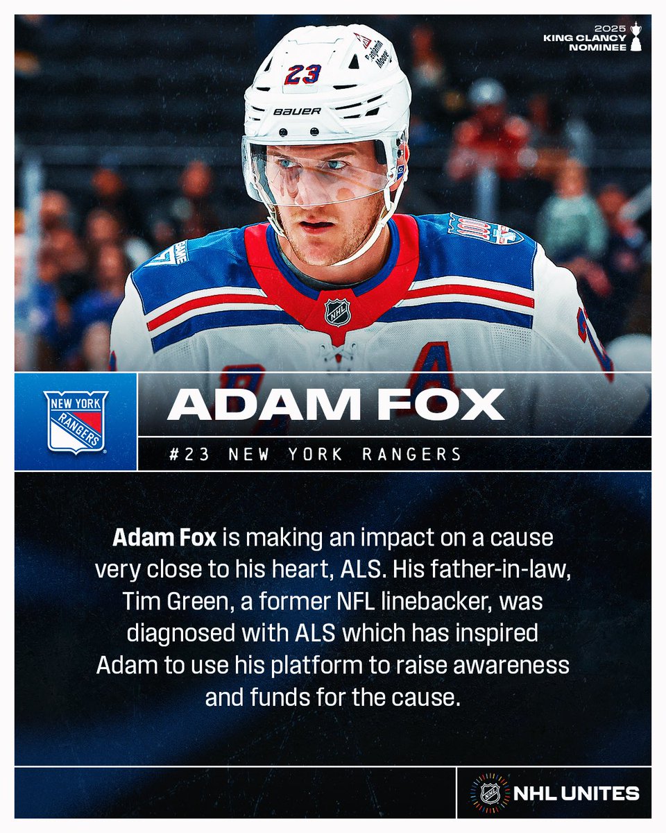 NHLPR's tweet photo. Adam Fox is making a difference in the community through raising money for ALS research and creating memories for families affected. Fox’s inspiration for the cause comes from his father-in-law, Tim Green, who was diagnosed with ALS.
 
Watch the @NYRangers today on ABC at 3:30 p.m.