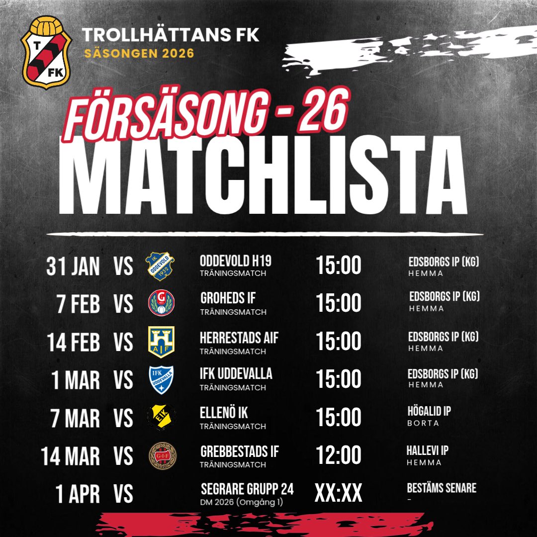 Se listan med alla försäsongsmatcher inför 2026 - i dag träningsmatch mot Oddevold U19 kl 15.00 på Edsborg. 
#tfkherr #trollhättansfk