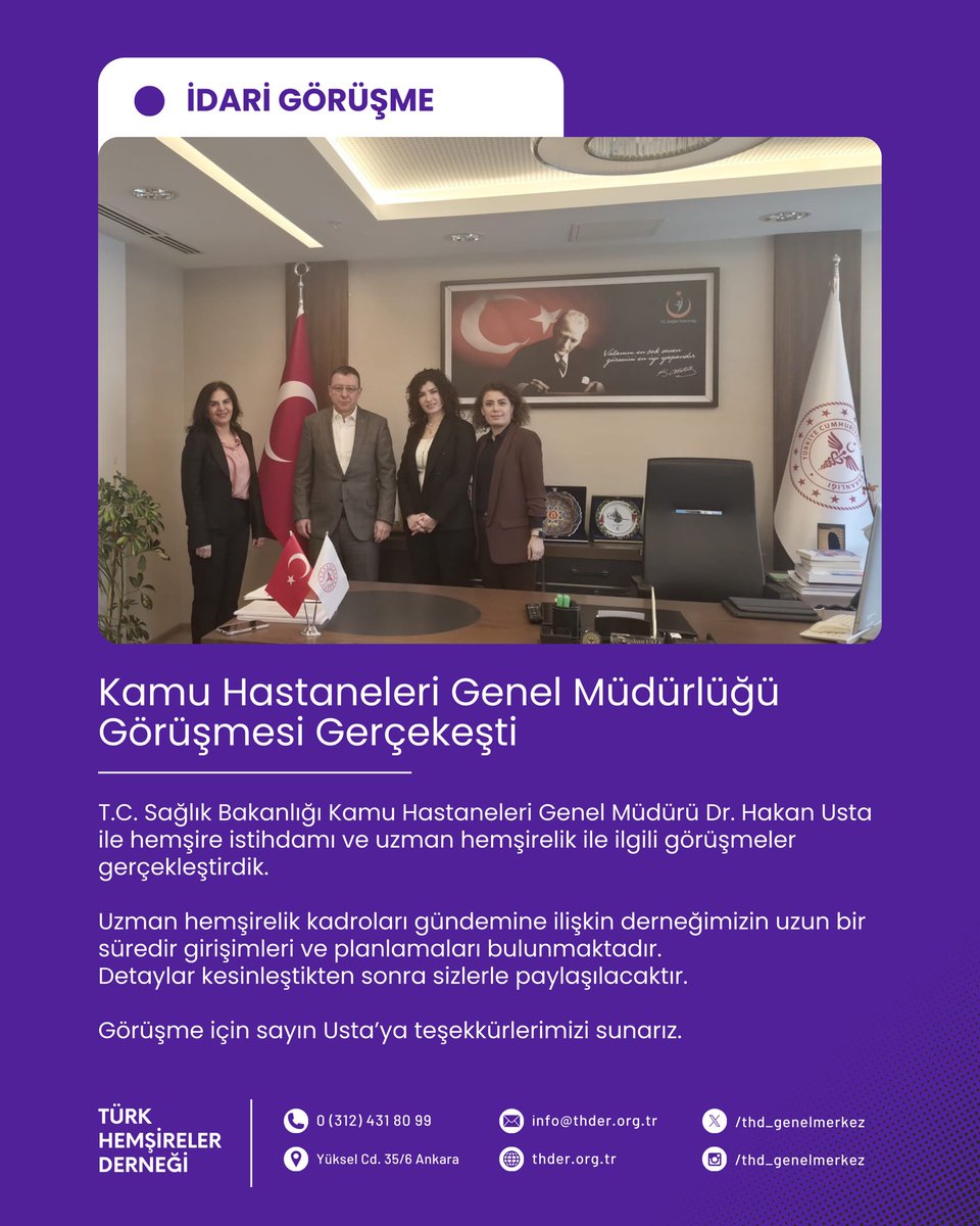 T.C. Sağlık Bakanlığı Kamu Hastaneleri Genel Müdürü Dr. Hakan Usta ile hemşire istihdamı ve uzman hemşirelik ile ilgili görüşmeler gerçekleştirdik. Görüşme için sayın Usta’ya teşekkürlerimizi sunarız.