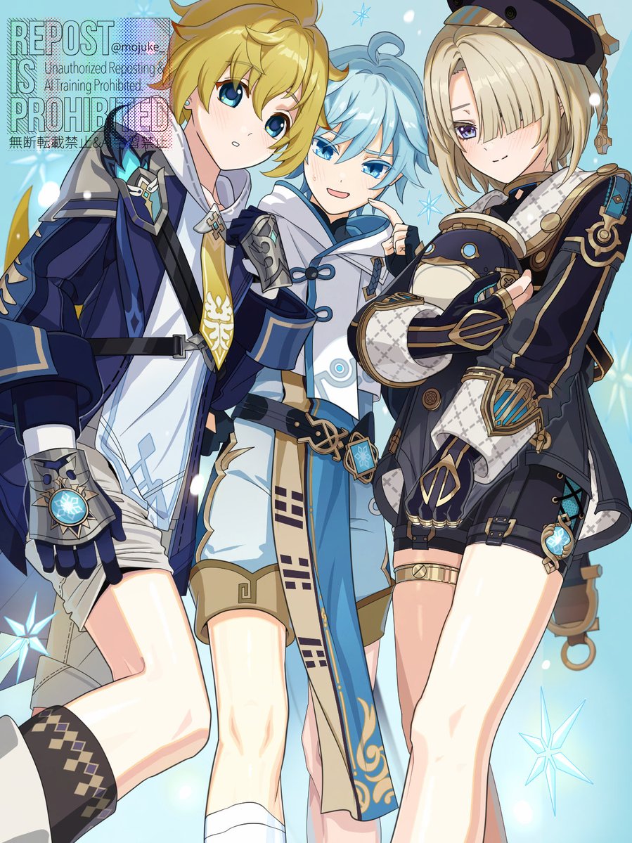 mojuke_'s tweet image. 原神の氷ショタでフレミネとミカが短パン気味なのに気づいたのでせっかくなので重雲も短パンにしました。#Freminet #Chongyun #Mika