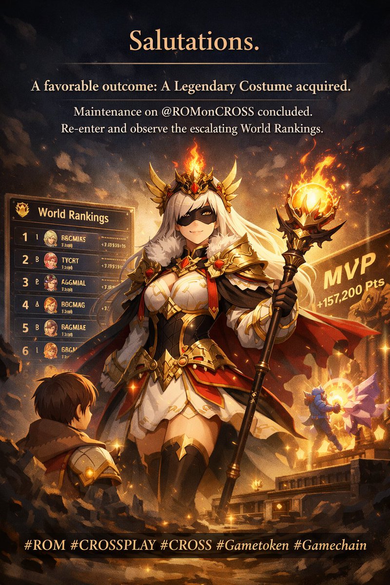 Blimey_yooh's tweet photo. Salutations.
A favorable outcome: a Legendary Costume acquired.
With maintenance on @ROMonCROSS concluded, re-enter the system and observe the evolving World Rankings—competitive intensity is demonstrably increasing.
#ROM #CROSSPLAY #CROSS #Gametoken #Gamechain https://t.co/X3V6rKfxM6