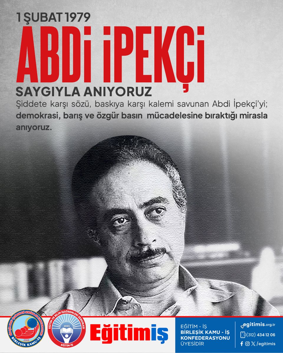 egitimisorg's tweet photo. Basın özgürlüğünün, barışın ve halkın haber alma hakkının simge isimlerinden gazeteci Abdi İpekçi’yi katledilişinin 47. yılında saygı ve özlemle anıyoruz.

Dün Abdi İpekçi’yi katleden zihniyet; bugün sansürle, baskıyla ve tehditle gazeteciliği boğmaya, halkımızın haber alma hakkını engellemeye devam etmektedir.

Eğitim-İş olarak; halkımızdan taraf olan gazetecilerin ve basın özgürlüğünün yanında olmaya devam edeceğiz.

#abdiipekçi
