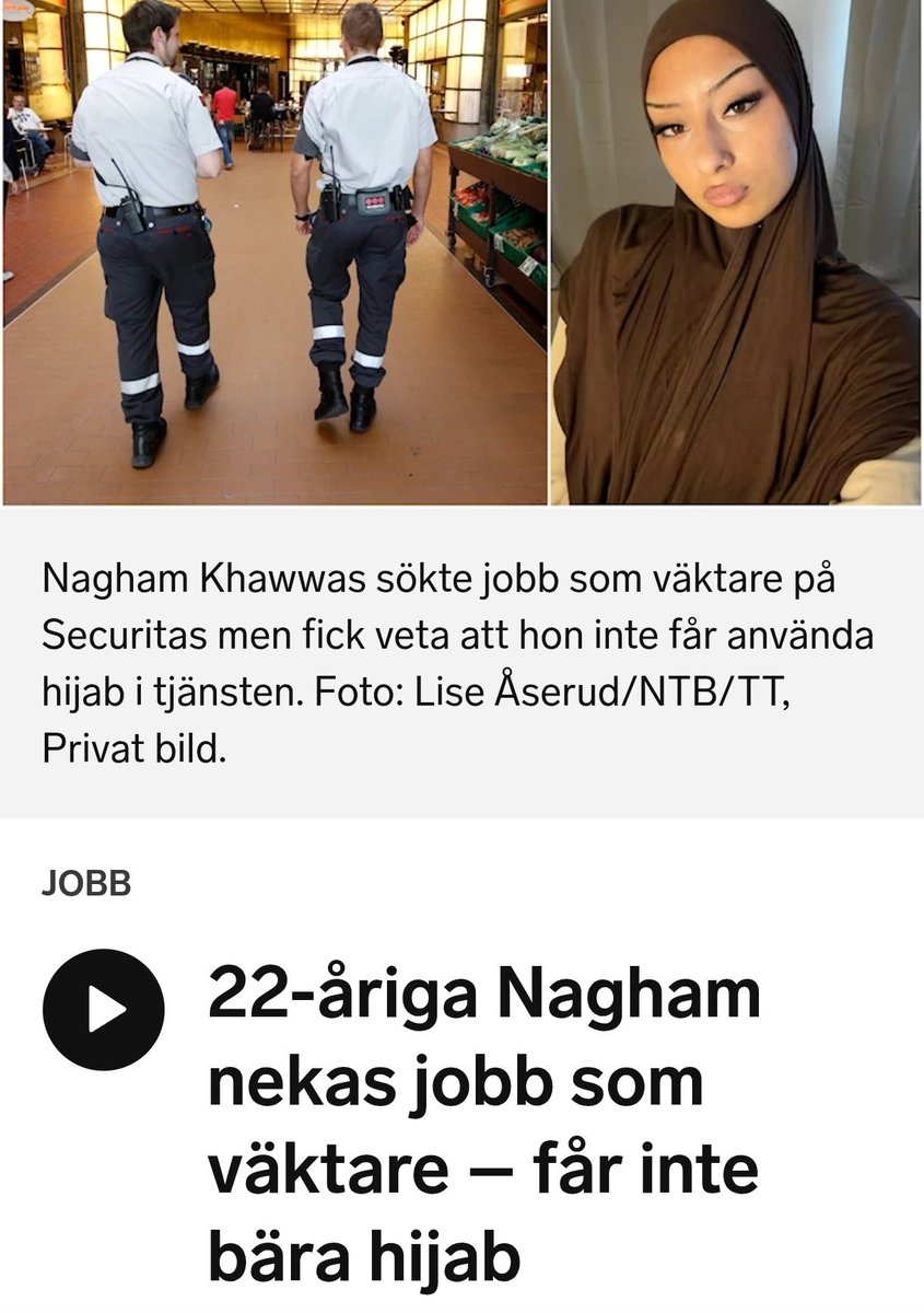 Nej Sveriges radio!
Hon fick job men vägrade ta det eftersom hon inte fick ha hijab.
Varför sprider ni desinformation 🤔
