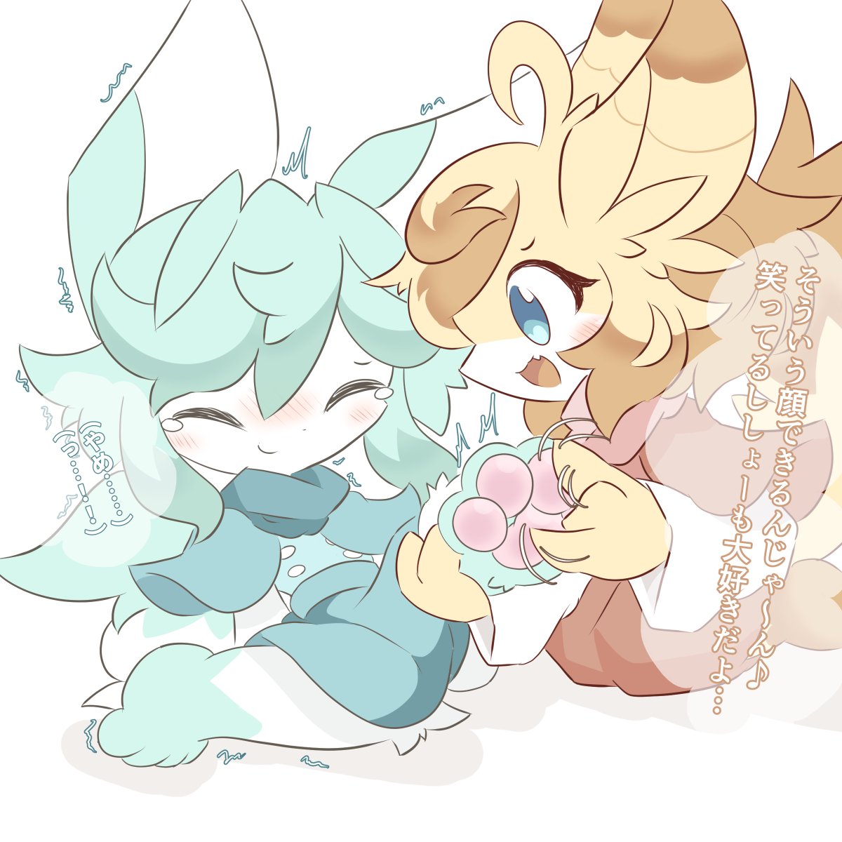 #みんなで一緒のくすぐりシチュ描こうぜ６
テトナ（師匠）とクリーム（弟子）
普段ムッとしてる師匠を笑わせたい弟子の図です