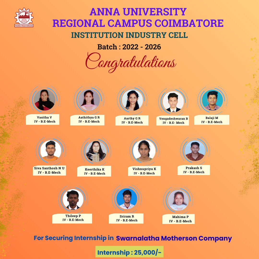 AnnaRegional's tweet photo. Congratulations to Vasitha V, Aathithya G R, Aarthy G R, Vengadeshwaran B, Balaji M, Siva Santhosh N U, Keerthika K, Vishnupriya K, Prakash S, Thileep P, Sriram R, Mahima P from Anna University Regional Campus Coimbatore for securing a placement at Swarnalatha Motherson Company. https://t.co/I1kmSGjf6s