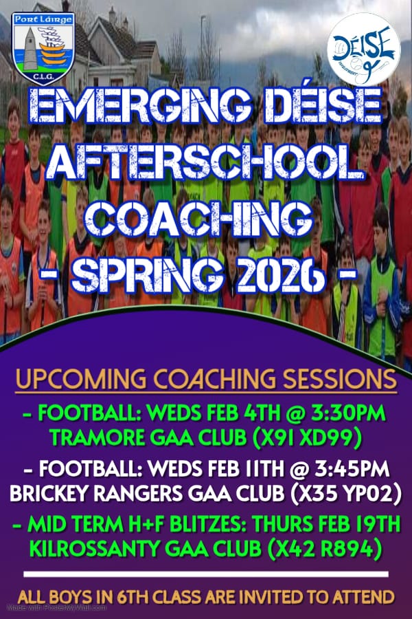 WaterfordGAACG's tweet photo. Our hugely popular and momentum building #EmergingDèise Afterschool Coaching Initiative returns on Wednesday afternoon next (04/02) - @EastDeiseGAA Gaelic Football session, Ionad: @TramoreGAA13 Astro (3:30pm), open to 6th class boys from across the county, spread the word ⚪️🔵 https://t.co/qfrPR70BMG