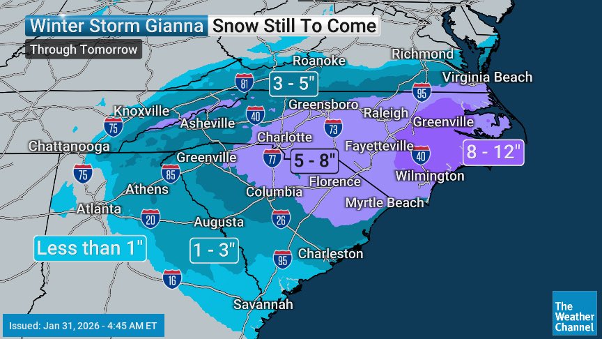 CharlesPeekWX's tweet image. ❄️ Saturday Morning Update: Winter Storm #Gianna

Gianna is developing into powerful bomb cyclone, bringing potentially historic conditions to the Carolinas. 

Heavy snow accumulation are expected. Expect 8–12” along the coast and 4–8” for inland metros like Raleigh and Columbia.