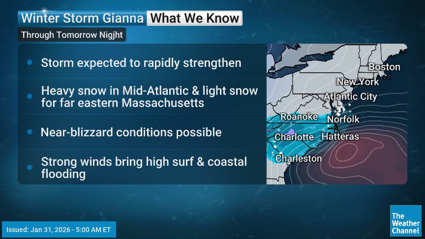 CharlesPeekWX's tweet image. ❄️ Saturday Morning Update: Winter Storm #Gianna

Gianna is developing into powerful bomb cyclone, bringing potentially historic conditions to the Carolinas. 

Heavy snow accumulation are expected. Expect 8–12” along the coast and 4–8” for inland metros like Raleigh and Columbia.
