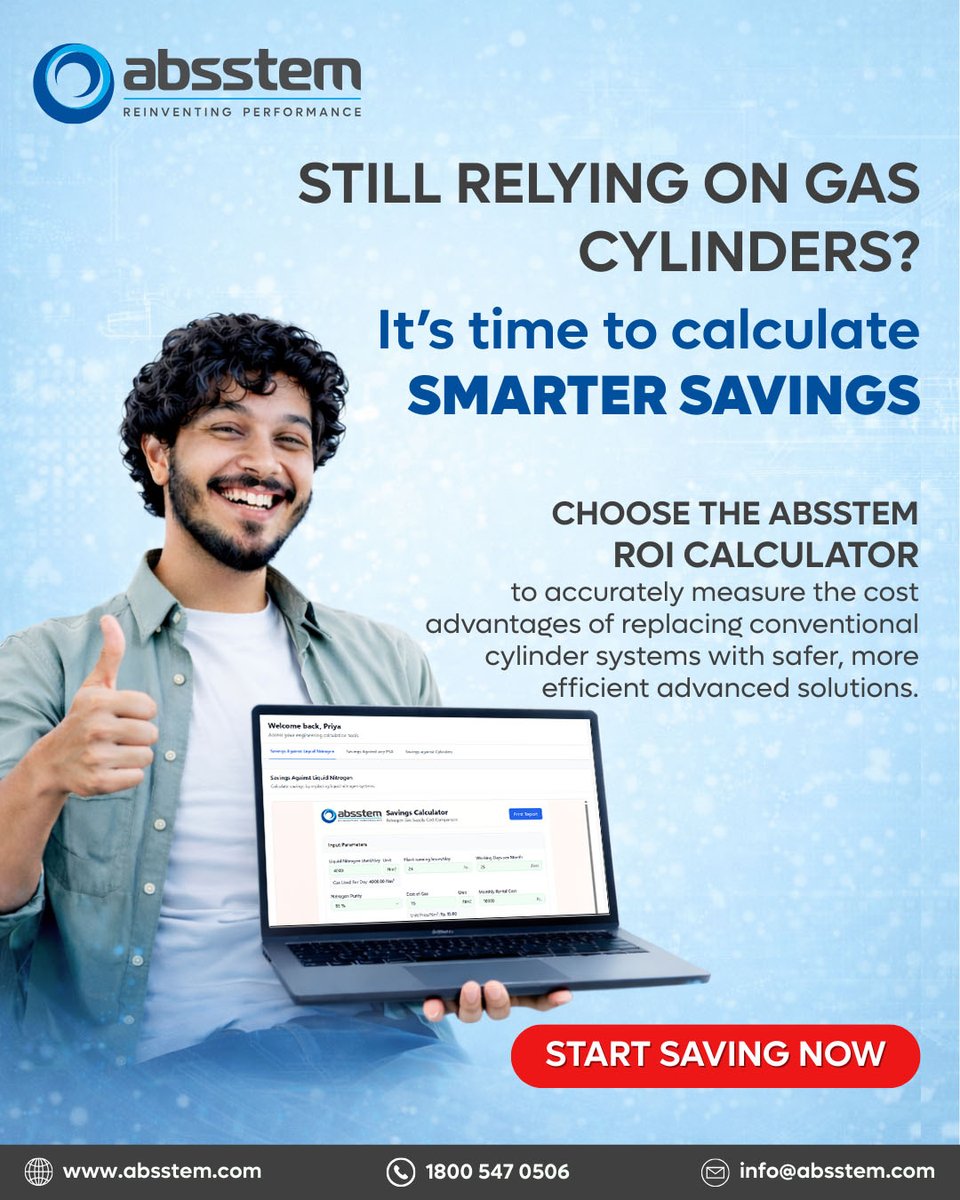 absstem's tweet photo. Gas cylinders costing you more than they should?
Calculate your real savings with Absstem’s ROI Calculator.

🚀 Start saving now.
Visit us: https://t.co/5eVb3mWJMZ

#Absstem #medO #ROICalculator https://t.co/1jeaefAaj6