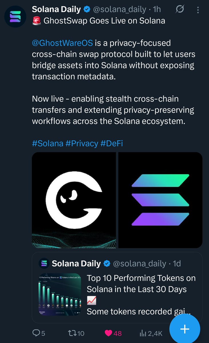 Rihards_Crypto's tweet photo. What an amazing week for $GHOST this was👀

GhostSwap went live and announcement got repost from @solana 🔥

2nd place by @solana_daily top 10 performing tokens 30d 🚀+300% 🚀

By Grok deep dive analytics GHOST could easily hit 500mil - 1.5bil market cap 👀

Best play on $SOL 👻 https://t.co/0CqMPr47om