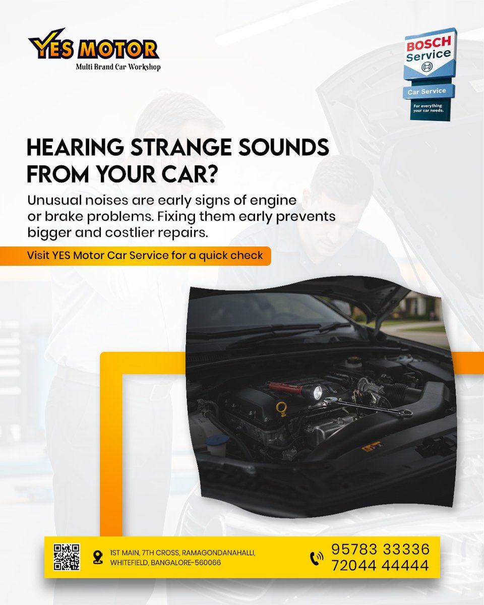 bosch_yes64820's tweet image. “Hearing unusual sounds from your car? 

 Strange noises can be early signs of engine or brake issues. Get them checked at YES Motor Car Service to prevent bigger and costlier repairs. 

#yesmotor #carservice #enginecheck #brakemaintenance #autoservice #carrepair #vehiclecare