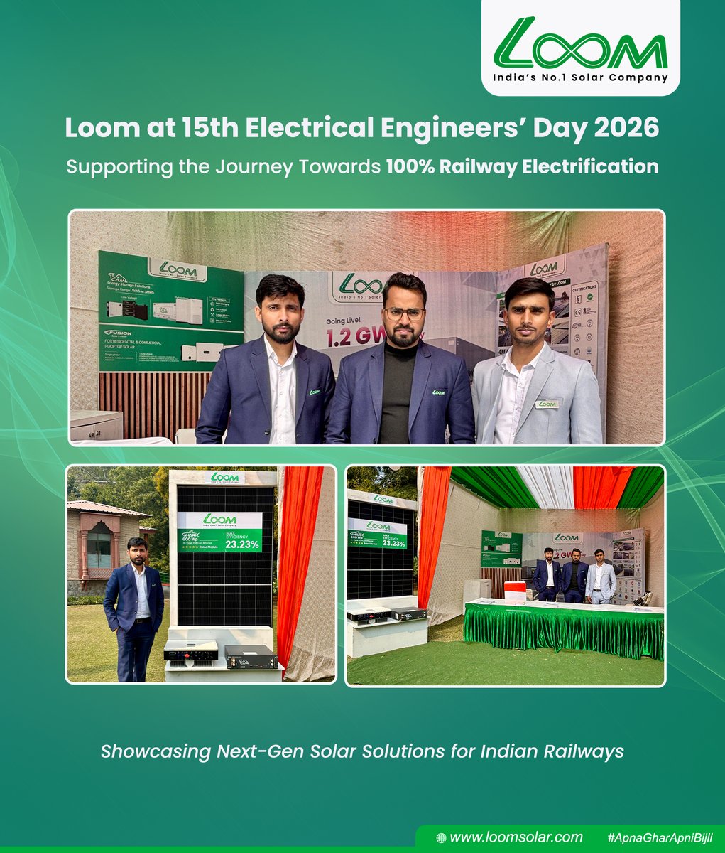Celebrating Electrical Engineers’ Day 2026 ⚡
Proud to be part of the IREE event in New Delhi, showcasing Loom’s solar &amp; smart energy solutions for Indian Railways.
Powering a cleaner, smarter future together ☀️🚆

#ElectricalEngineersDay2026 #IndianRailways #LoomSolar