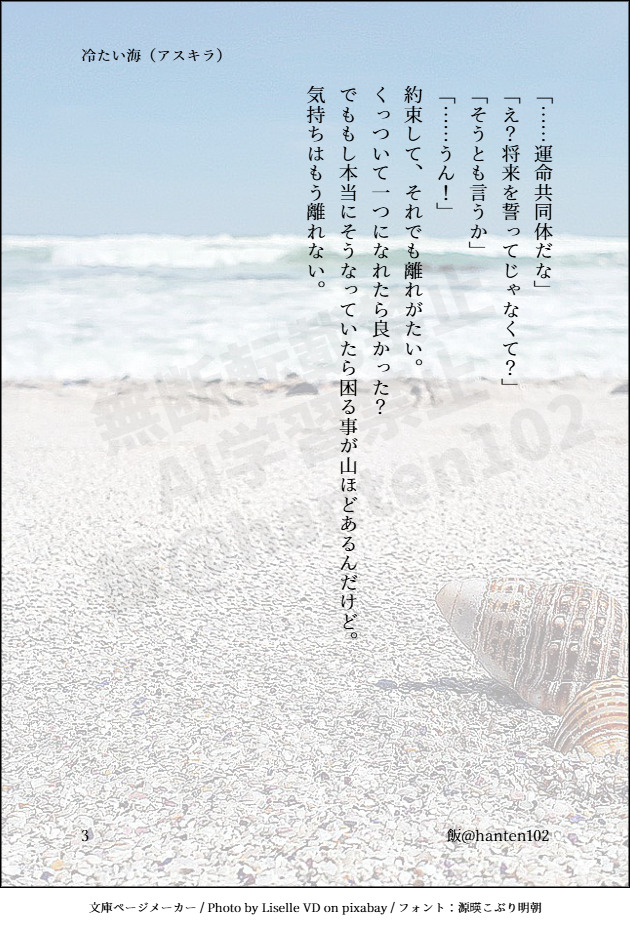 ＜アスキラ＞種自由。３枚。
☆「冷たい海」
※種運命「悪夢」回の海に調査に訪れた二人の話。
お前が沈んだ海に──。