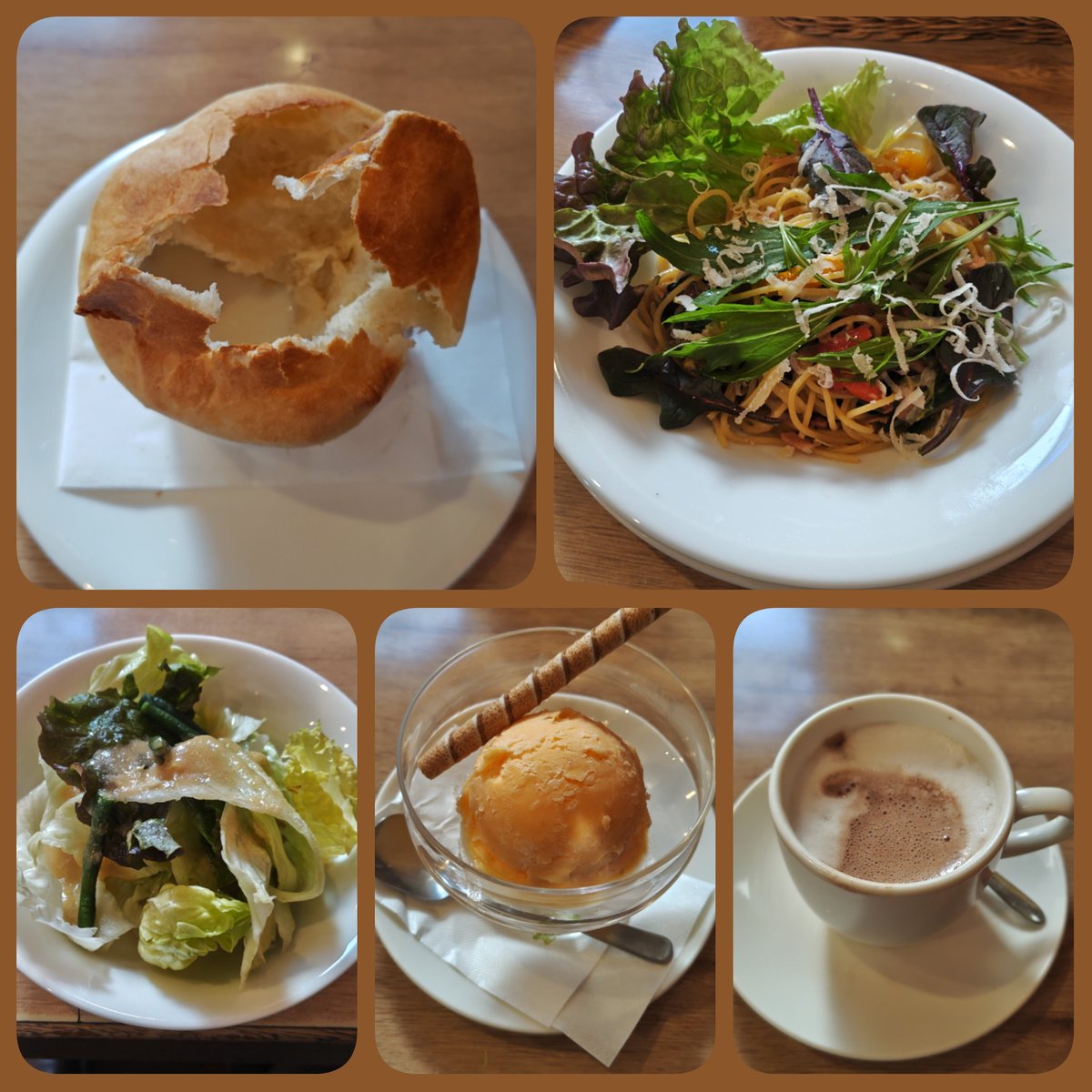 今日はロスアンジェルスにランチを

本日のパスタセットにミニキノコスープ、デザートは柑橘ミックスソルベにホットココアを

この店のパスタは初めて、ガーリックオイルの効いた昼からパンチが効いてました

 #ロスアンジェルス