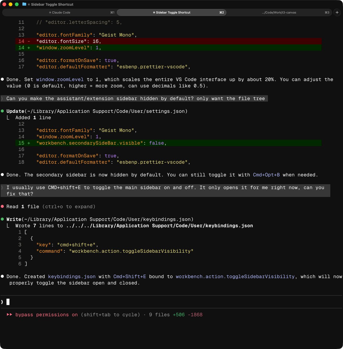 theo's tweet photo. Configuring VS Code via Claude Code. The magic still hasn't worn off. https://t.co/BuXMtXIQbN
