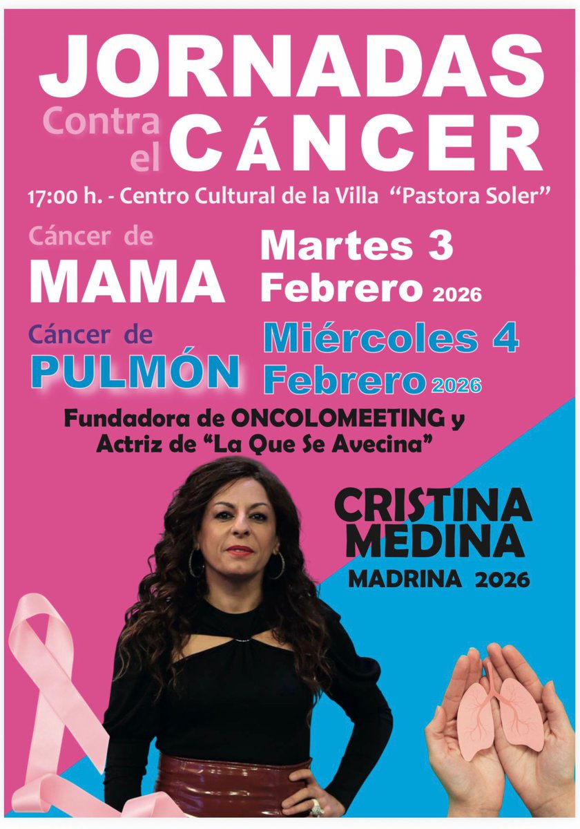 oncoradioHUVR's tweet photo. ¡Jornadas Contra el Cáncer de Mama💝 y Pulmón🫁 en Coria del Río!

📅 3 y 4 de Febrero
🏫 Centro Cultural de la Villa @PastoraSoler
🧚‍♀️Madrina de excepción: Cristina Medina @LaMedinaEs
👩‍⚕️👨‍⚕️Con la participación de nuestr@s compañer@s Dres Jesús Blanco &amp; Elvira Rodríguez

Animaros! https://t.co/x1gsSs0FjN
