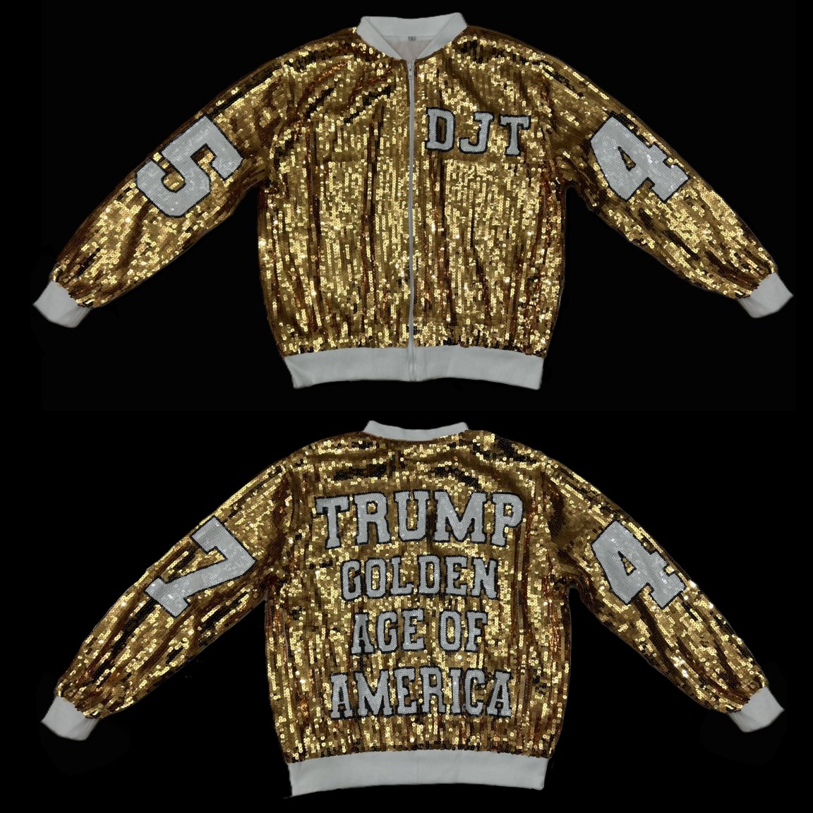 MallMaga's tweet image. Make a statement in the Trump Golden Age Of America Sequin Jacket — gold &amp;amp; black sequins, DJT front, 45 &amp;amp; 47 on sleeves, satin lining. Available L/XL. Buy now: wix.to/KyuaCw3 #SequinJacket #TrumpMerch