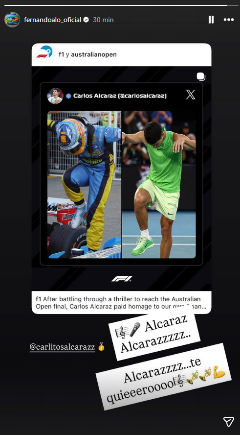 FormulaDirecta's tweet photo. 🐐 Fernando Alonso, en Instagram:

🎼🎤 Alcaraz Alcarazzzzz... Alcarazzzz... te quieroooo🎺🎺💪

#F1 #AustralianOpen2026 https://t.co/TfE6BKDKXq