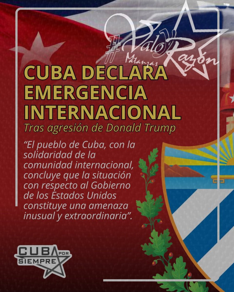 Cuba declaró una “emergencia internacional” tras la decisión del presidente de Estados Unidos, de imponer aranceles a los países que suministren petróleo a la isla. La Habana considera esta medida una amenaza inusual y extraordinaria contra la paz.
#CubaEstáFirme
#ValorYRazón