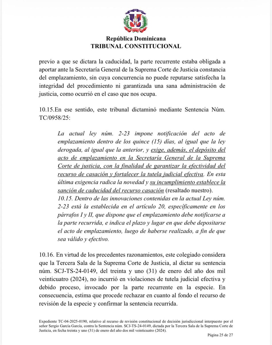 Tribunal Constitucional: Caducidad por no depositarse ante la Corte de Casación el acto de emplazamiento en el plazo establecido. Conforme a los artículos 19 y 20 de la Ley 2-23, el recurrente en casación tiene la obligación de emplazar válidamente a la parte recurrida y