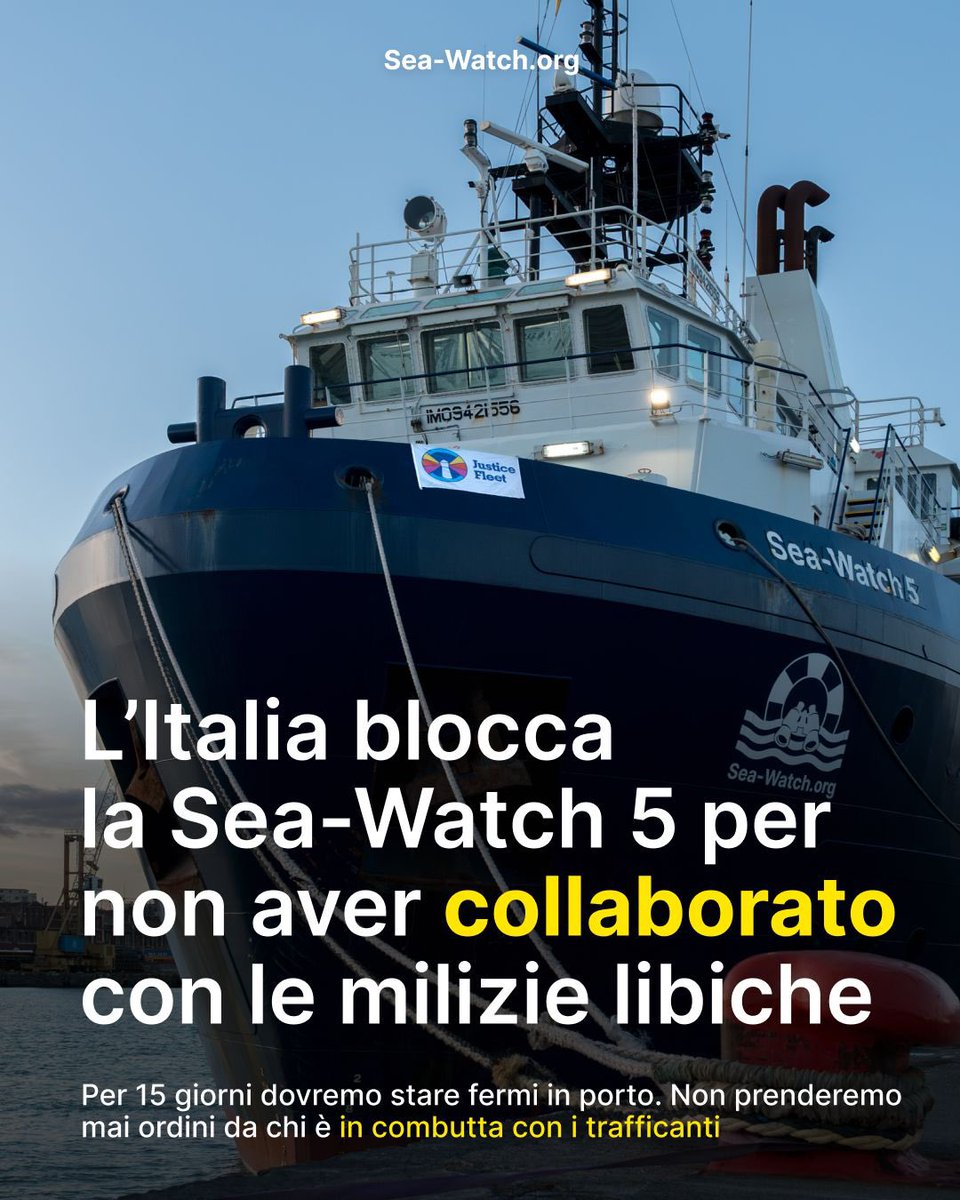 Intimidazioni in mare, repressione a terra. 

Dopo aver soccorso 18 persone 
 in mare, le autorità italiane hanno ora posto sotto fermo amministrativo la #SeaWatch5 per 15 giorni e ci hanno inflitto una sanzione di 7500 euro. 

👉 sea-watch.org/it/fermo-ammin…