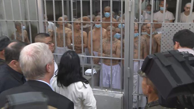 Justo el momento en que presos del Cecot de El Salvador se sacan la polera ante José Antonio Kast. Lo que hacen estos criminales, al sacarse la polera, es demostrar su poder, sin remordimiento por sus delitos (asesinatos, violaciones, mutilaciones a sus víctimas).