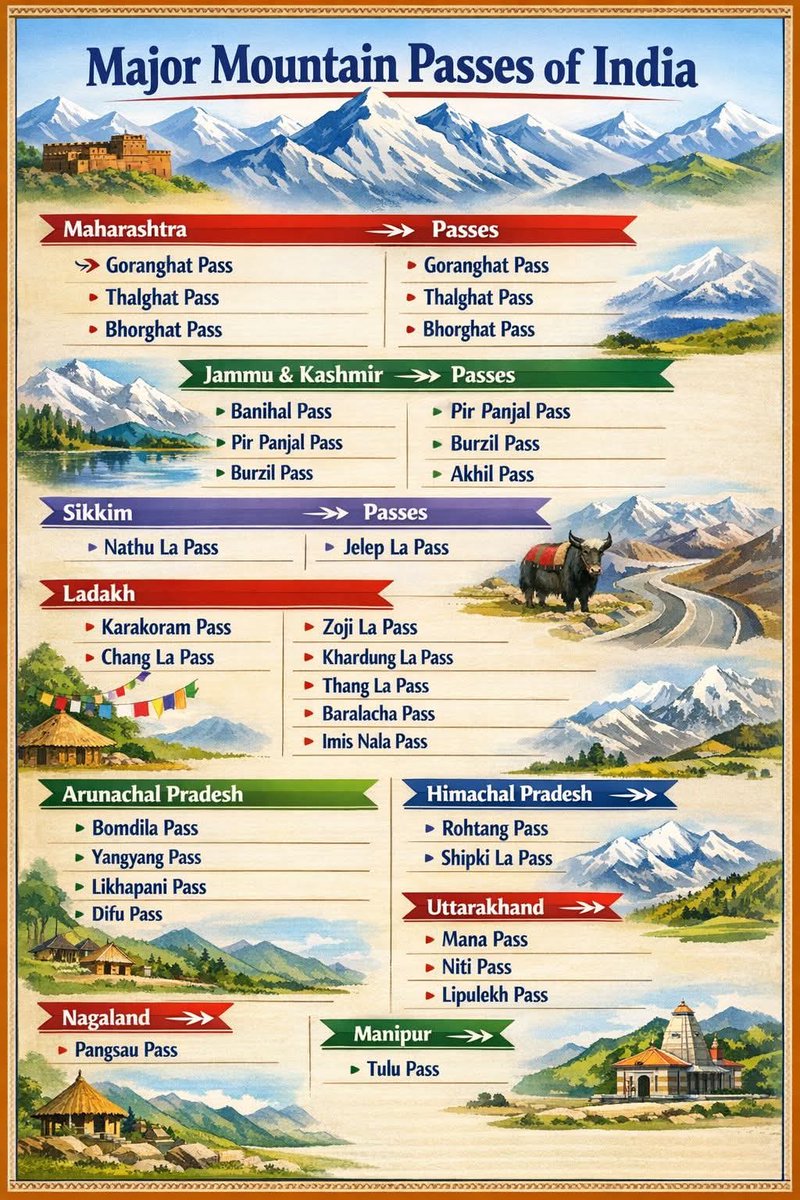 upscnetwork4's tweet photo. MAJOR MOUNTAIN PASSES OF INDIA.
#StatePSC #jkssbexams #ssccglexam #sscexams #paidpdfs AVAILABLE
#followmeformorecontent https://t.co/PV5zi1oD7n