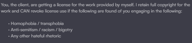 RosarioGrim_'s tweet image. Please note I have changed my T.O.S. to reflect the disgusting amount of hateful rhetoric we're seeing in the Vtuber community.

If you're homophobic, transphobic, racist, etc. , I WILL remove your license to your work and you will have to stop using my work.